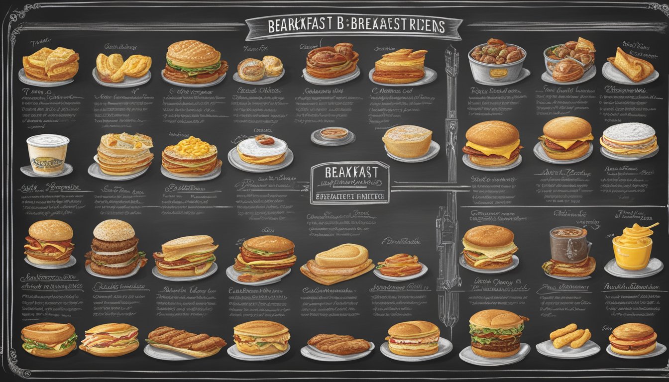 A timeline of Hardee's breakfast items from past to present, featuring classic dishes and new additions, displayed on a vintage chalkboard menu