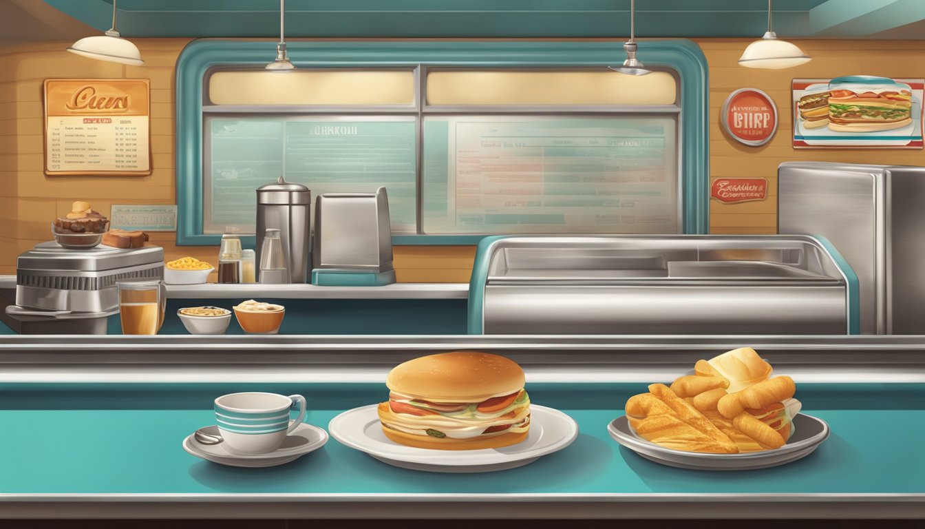 A vintage diner counter with a retro menu board and classic breakfast items displayed