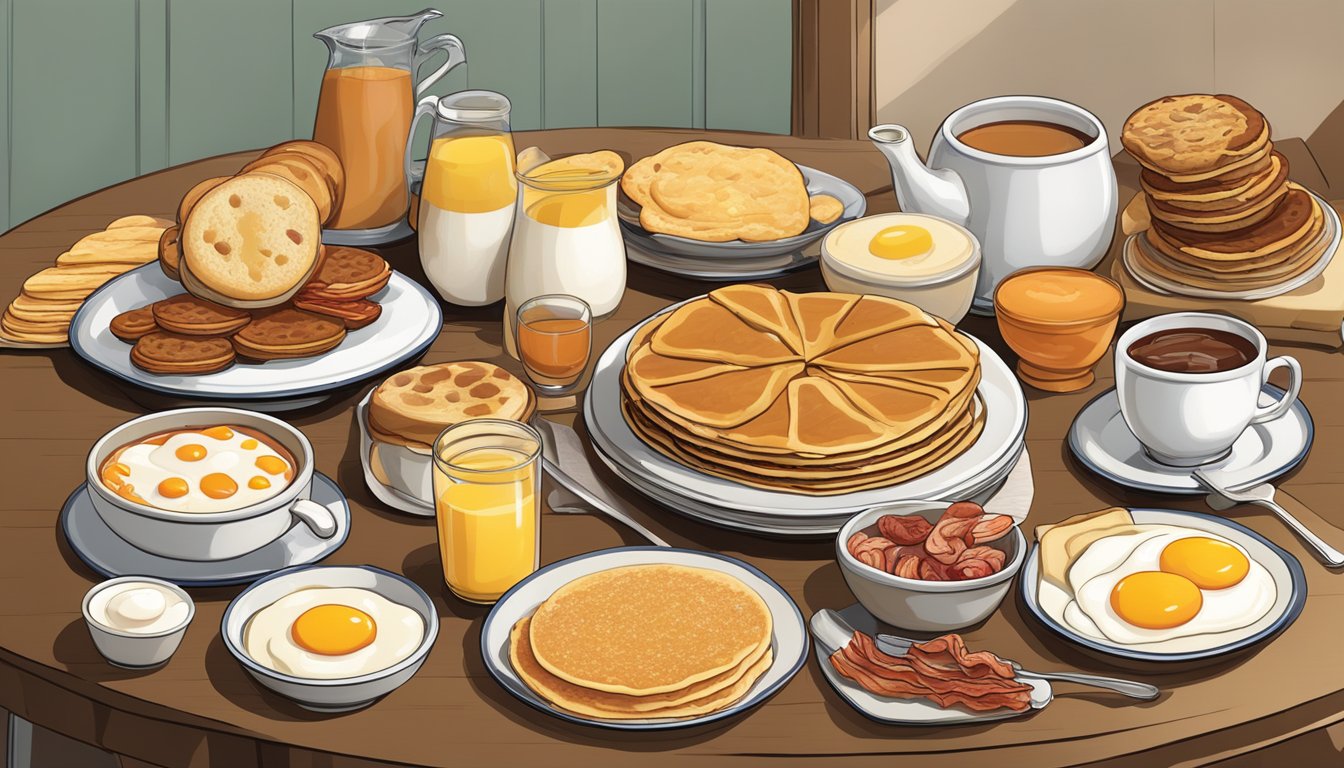 A table filled with a variety of breakfast items from different time periods, including pancakes, eggs, bacon, and biscuits, all arranged in an appealing display