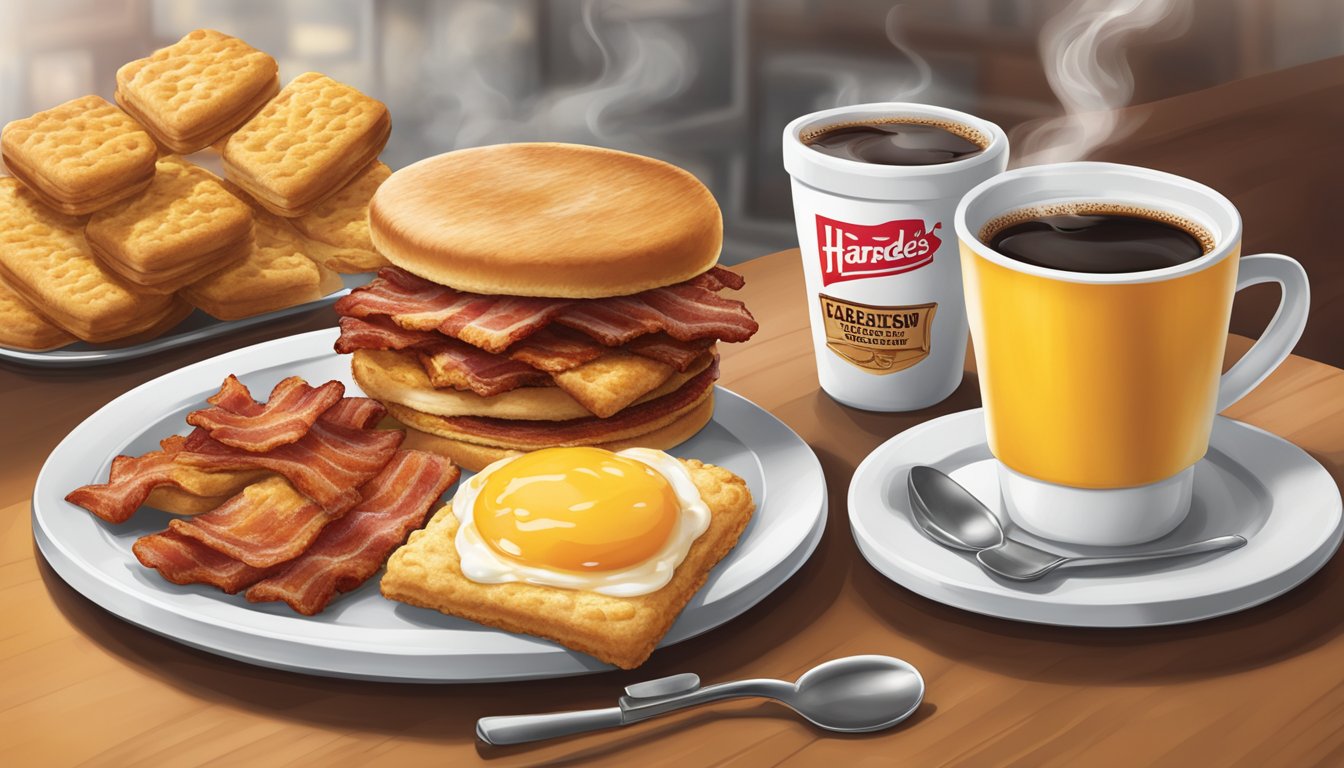 A table set with a warm, hearty breakfast spread at Hardee's, featuring sizzling bacon, fluffy biscuits, and steaming coffee