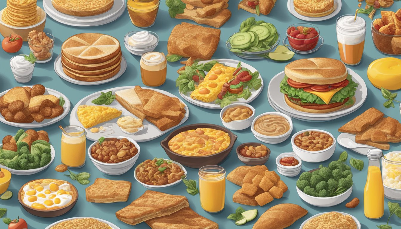 A timeline of Hardee's breakfast items from past to present, surrounded by images of fresh ingredients and health-related symbols