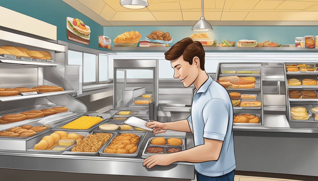 A customer at Hardee's carefully selects breakfast items, considering dietary needs and preferences. The menu board and food display are visible in the background