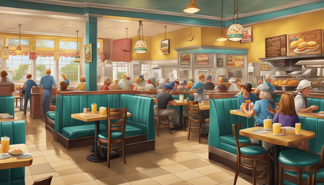 A bustling Hardee's restaurant with a vintage feel, showcasing a variety of breakfast items from different eras. The atmosphere is lively and inviting, with customers enjoying their meals