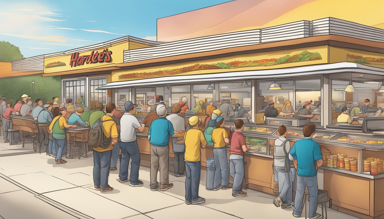 A bustling Hardee's restaurant at sunrise, with a line of customers eagerly choosing breakfast items from the menu board