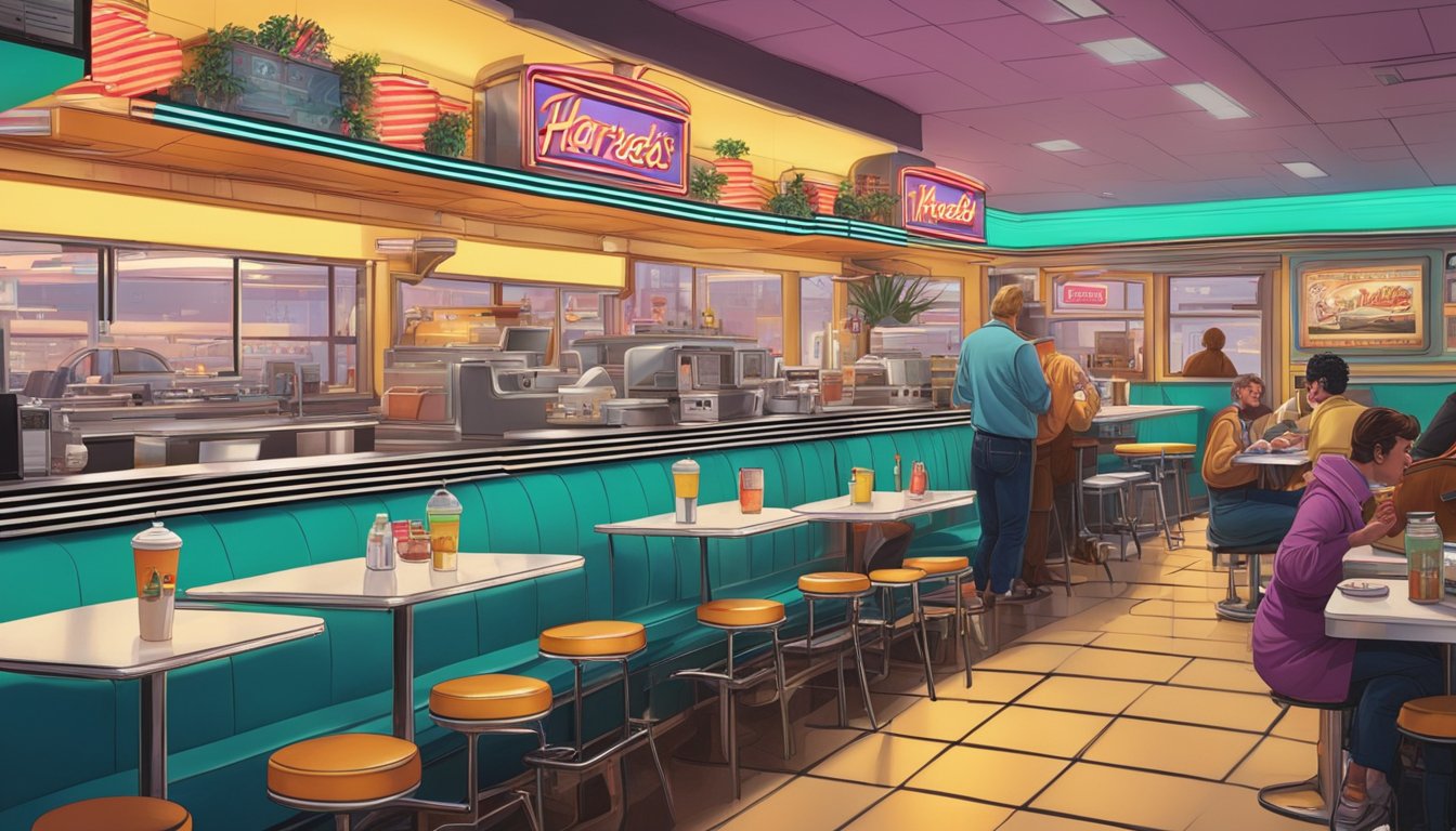 A bustling 1980s diner with neon signs and vintage decor. Customers enjoy Hardee's breakfast while a TV plays a nostalgic commercial on loop