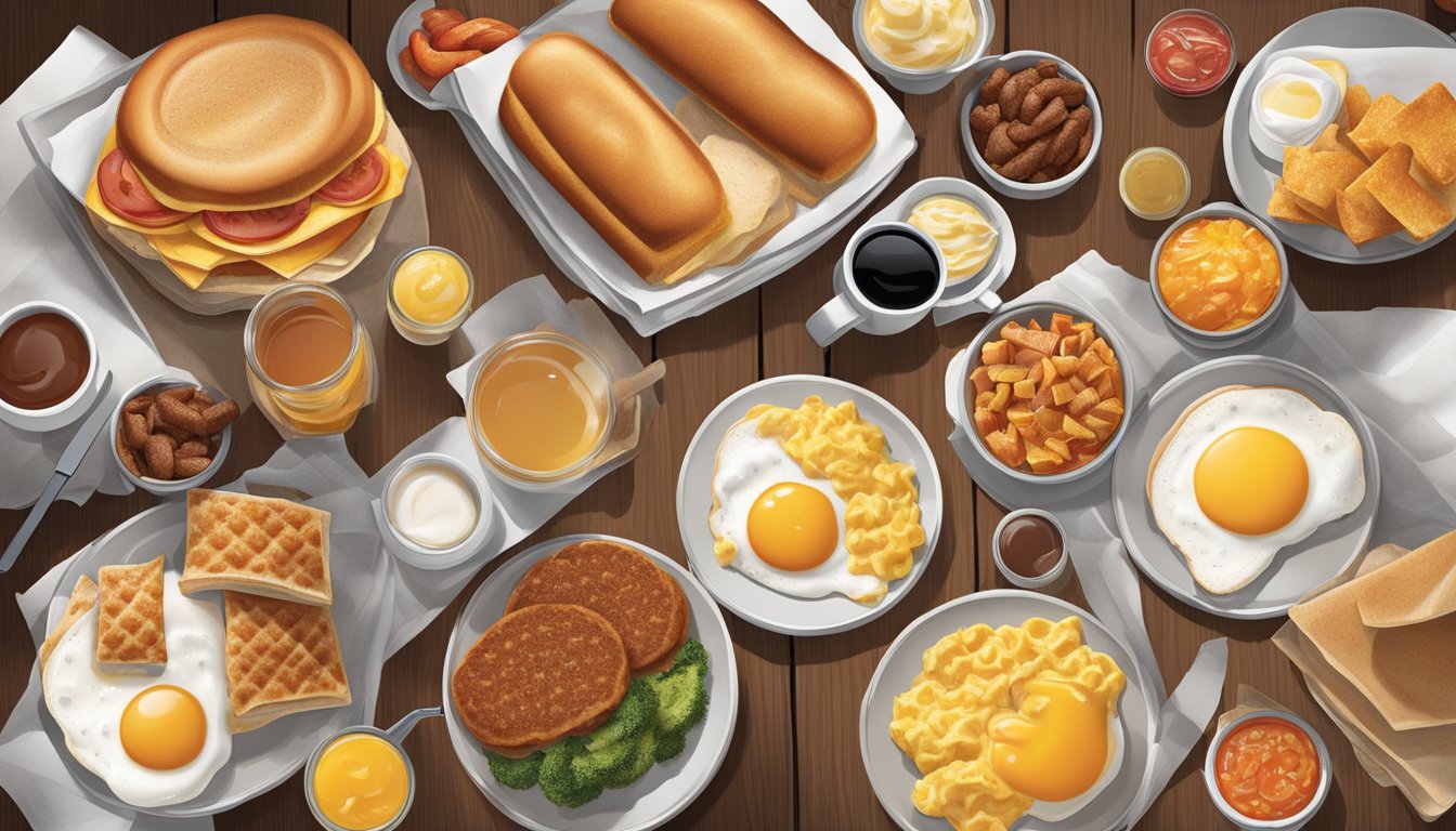 A bustling American breakfast table with a spread of Hardee's breakfast items, showcasing the quality and variety of ingredients