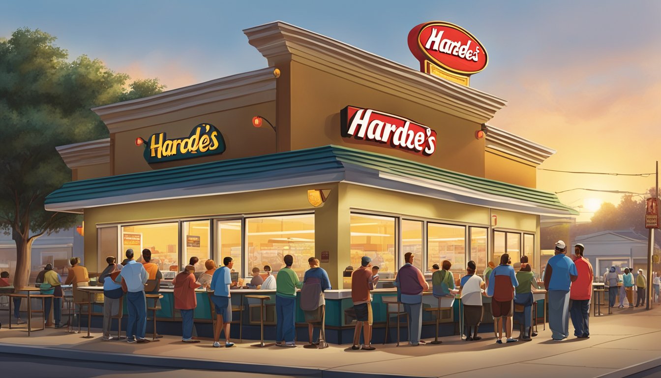 A bustling Hardee's restaurant at sunrise, with a line of diverse customers waiting for breakfast, while the iconic sign and menu board stand prominently against the morning sky