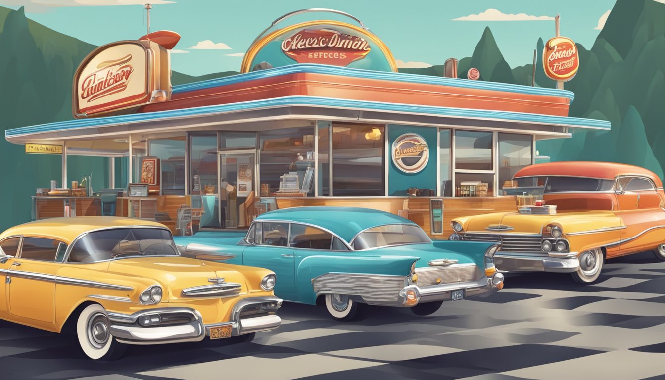 A classic American diner with a colorful breakfast menu displayed on a retro-style sign, surrounded by vintage road trip memorabilia and a bustling atmosphere