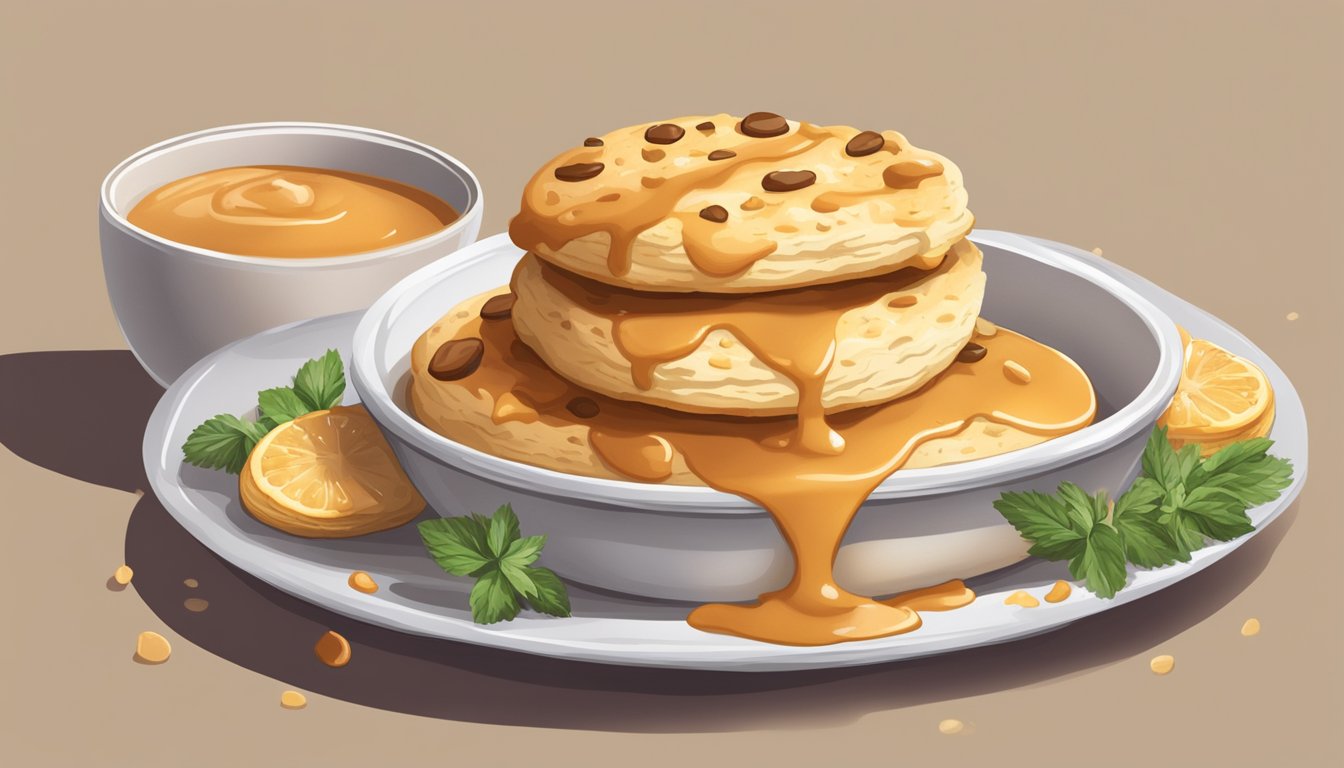 A steaming biscuit split in half, one side smothered in rich, creamy gravy while the other remains untouched, surrounded by a scattering of fresh ingredients