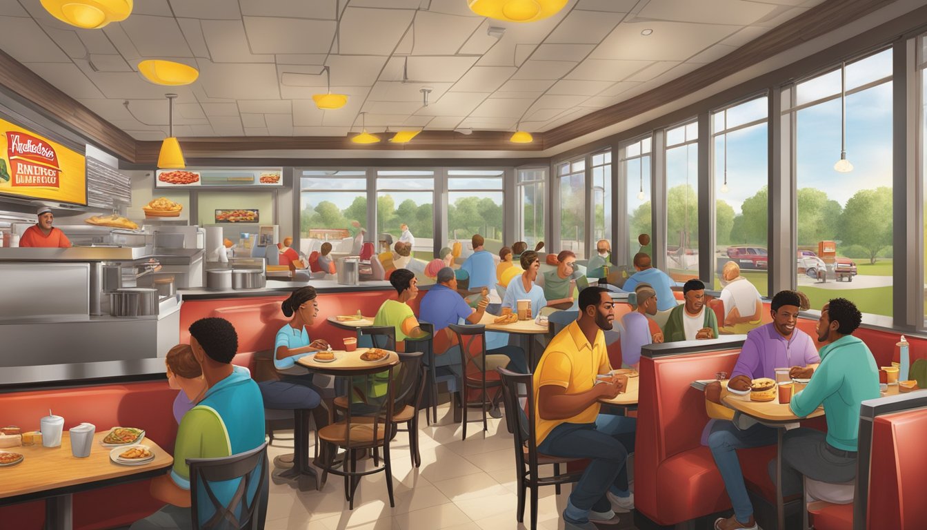 A bustling Hardee's restaurant at breakfast time, with diverse customers enjoying their meals and engaging in lively conversations. The aroma of freshly cooked breakfast items fills the air, creating a warm and inviting atmosphere