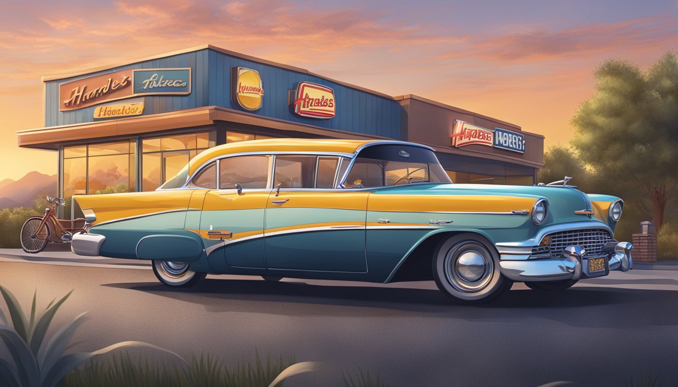 A vintage car parked at a Hardee's drive-thru, with a sunrise in the background and a classic American road trip vibe