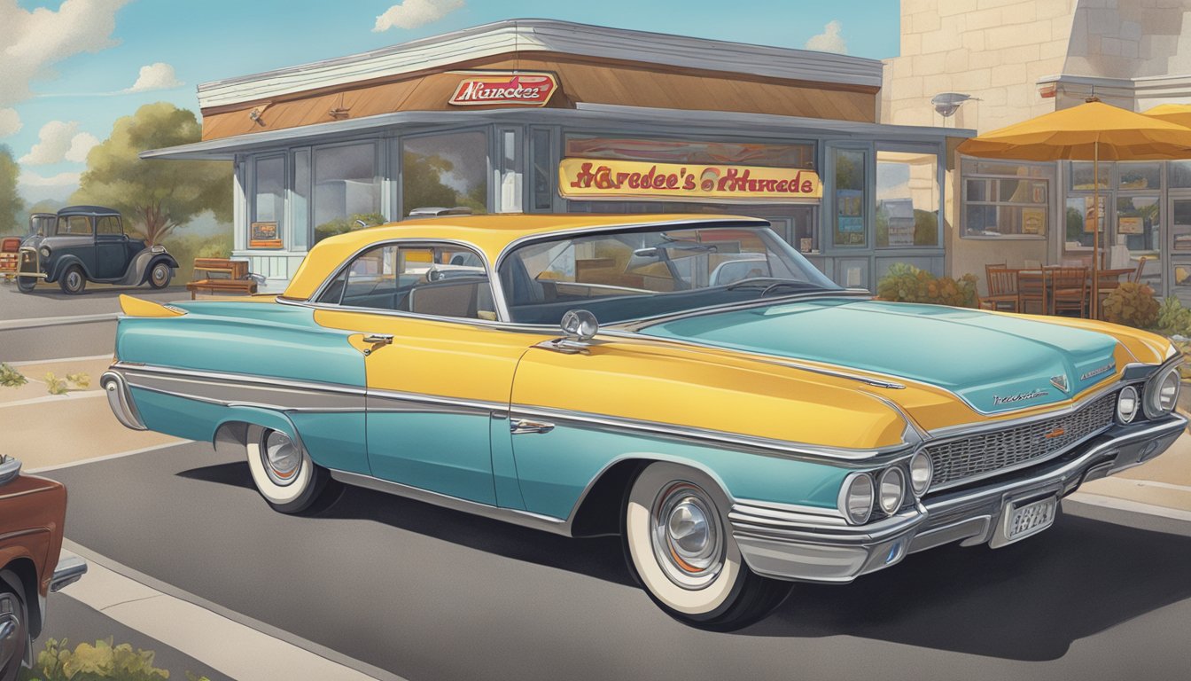 A vintage car parked at a roadside Hardee's with a breakfast meal displayed on the hood, surrounded by American road trip memorabilia