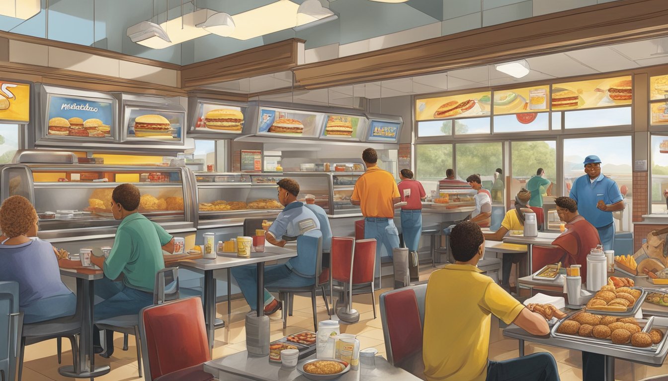 A bustling morning scene at a Hardee's restaurant, with a variety of breakfast items and products displayed alongside the main menu. The cultural impact is evident in the diverse array of customers enjoying their morning meals