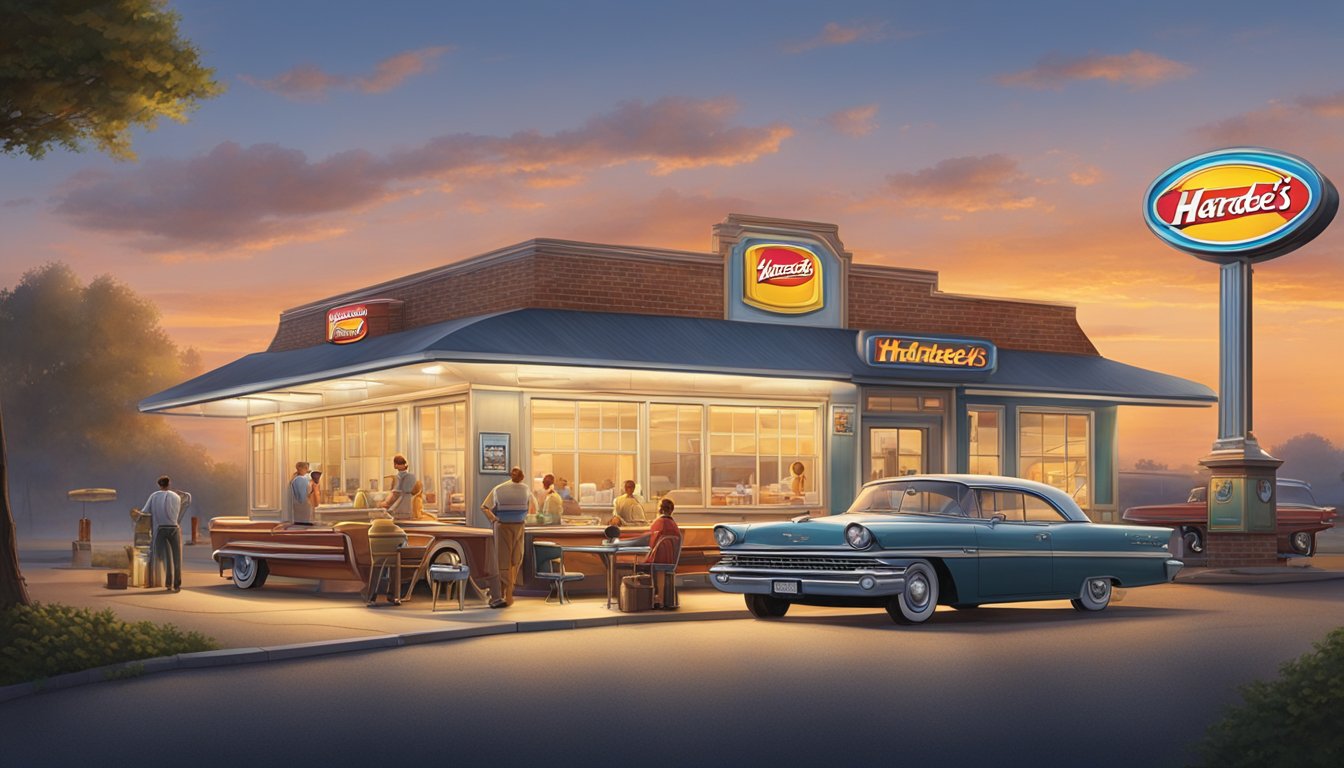 A vintage Hardee's restaurant at sunrise, with a classic car parked in front and a family enjoying breakfast at an outdoor table