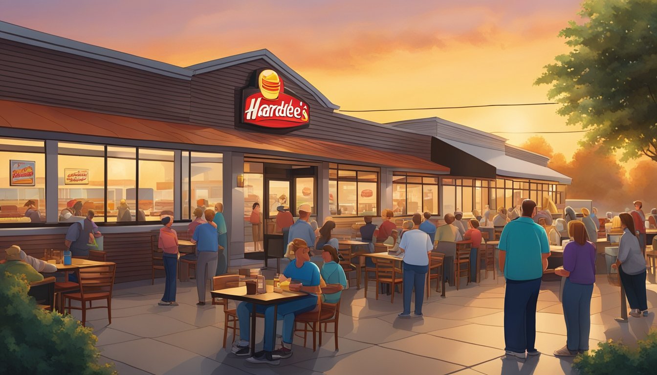 A bustling Hardee's restaurant at sunrise, with a line of customers eagerly waiting for their breakfast orders. The aroma of sizzling bacon and fresh coffee fills the air, creating a warm and inviting atmosphere