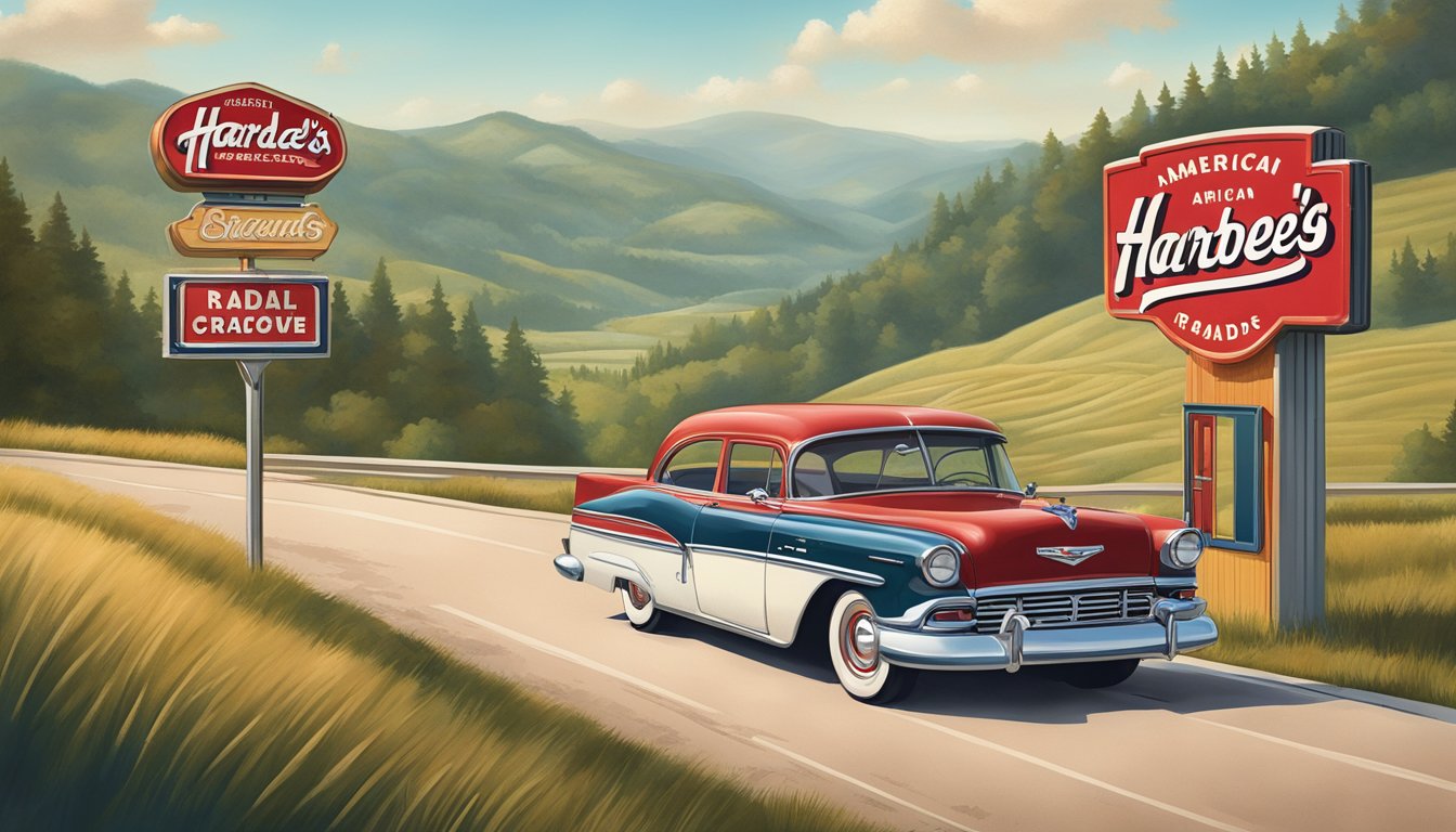 A vintage red Hardee's sign stands tall against a backdrop of rolling hills and a winding road, capturing the essence of American road trip culture