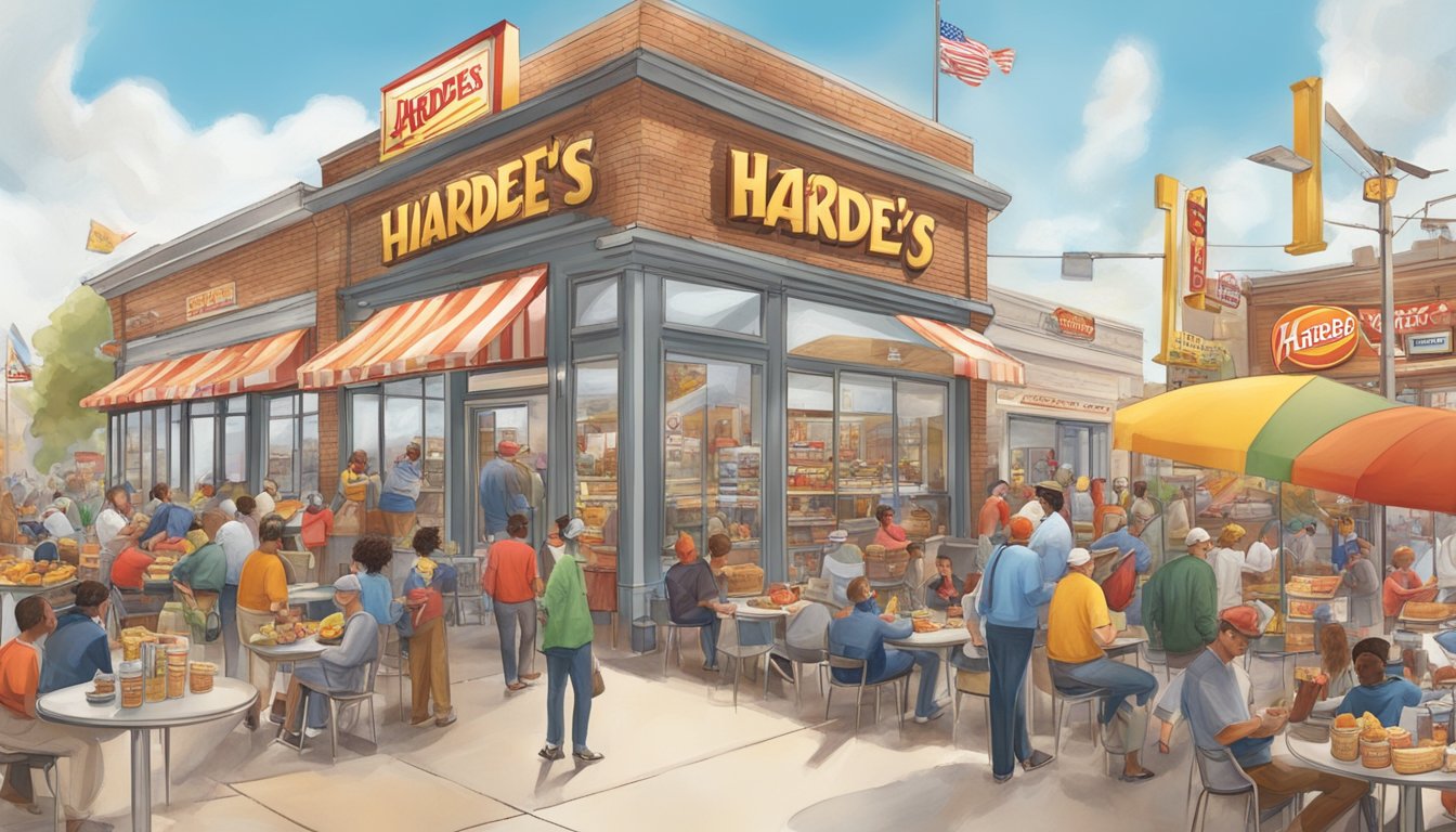 A bustling American morning scene with a Hardee's breakfast at the center, surrounded by diverse cultural elements and marketing strategies