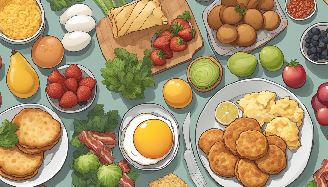 A breakfast spread with biscuits, eggs, bacon, and hash browns on a table, surrounded by a variety of fruits and vegetables for a nutritional analysis