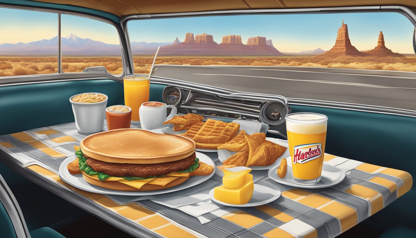 A vintage Hardee's breakfast meal on a diner table, with a classic American road trip backdrop of open highways and iconic landmarks