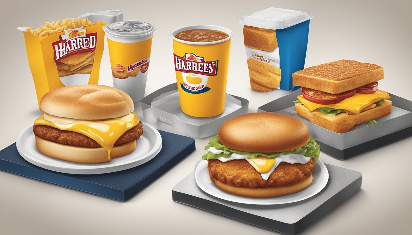 A table with a variety of Hardee's breakfast items displayed alongside different iterations of the brand's packaging throughout the years