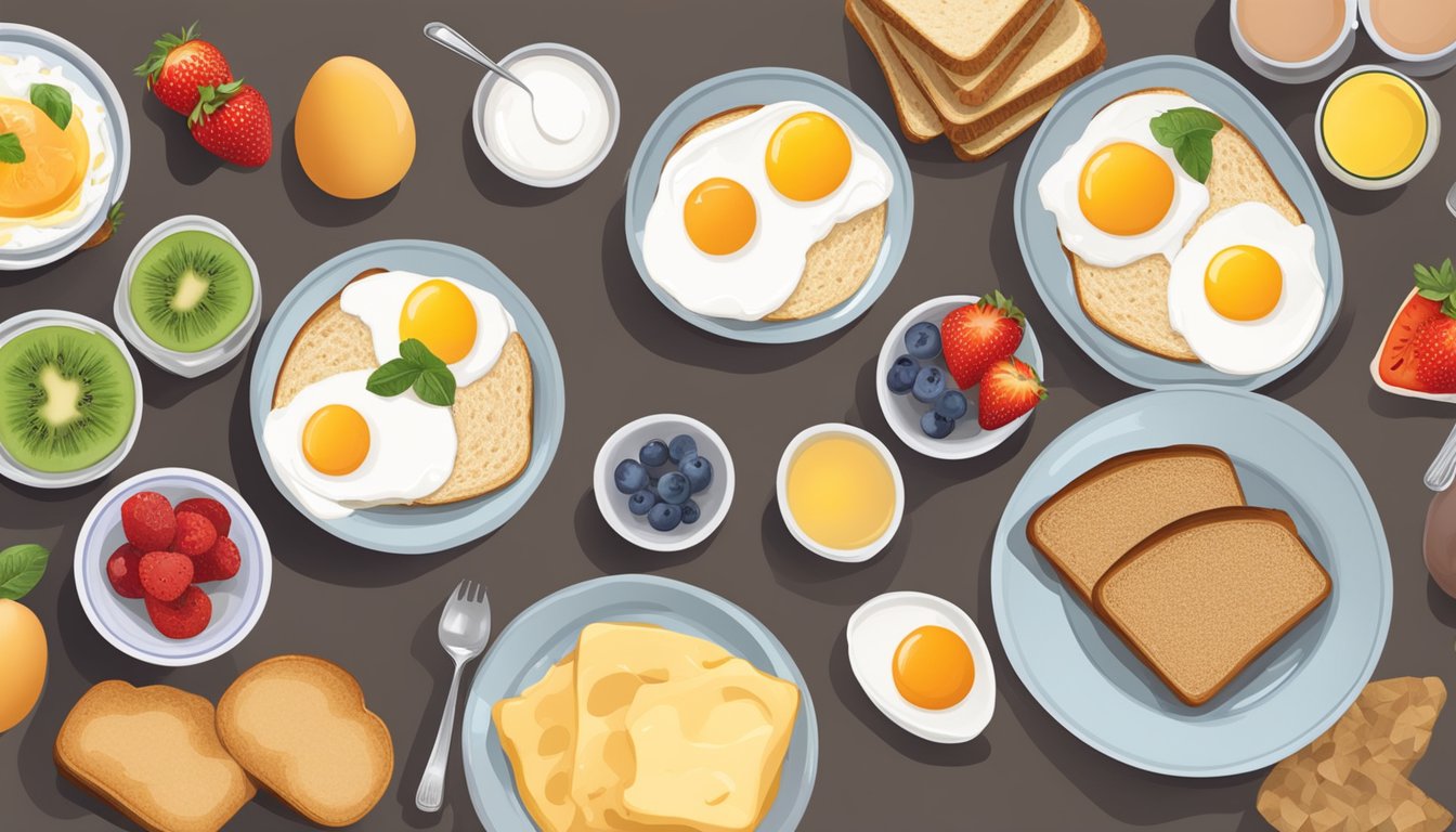 A table with a balanced breakfast spread including eggs, fruit, whole grain toast, and yogurt