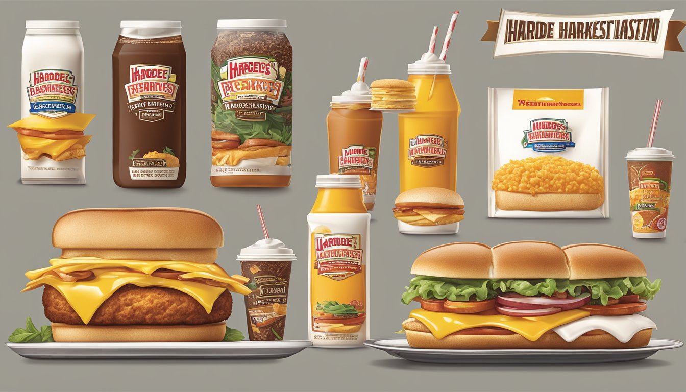 The scene depicts various Hardee's breakfast packaging designs arranged in a timeline, with the brand's logo prominently displayed