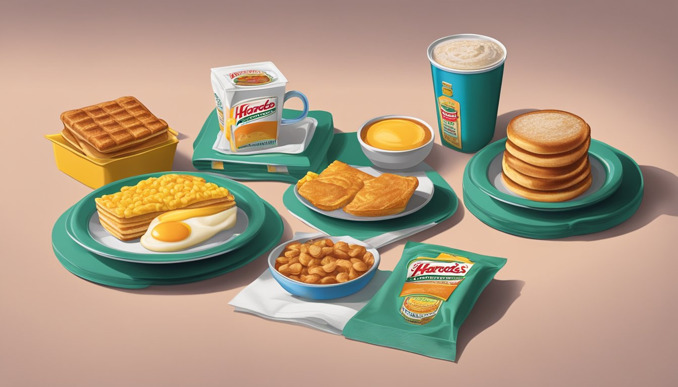 A table with a collection of Hardee's breakfast packaging from different decades, arranged in chronological order