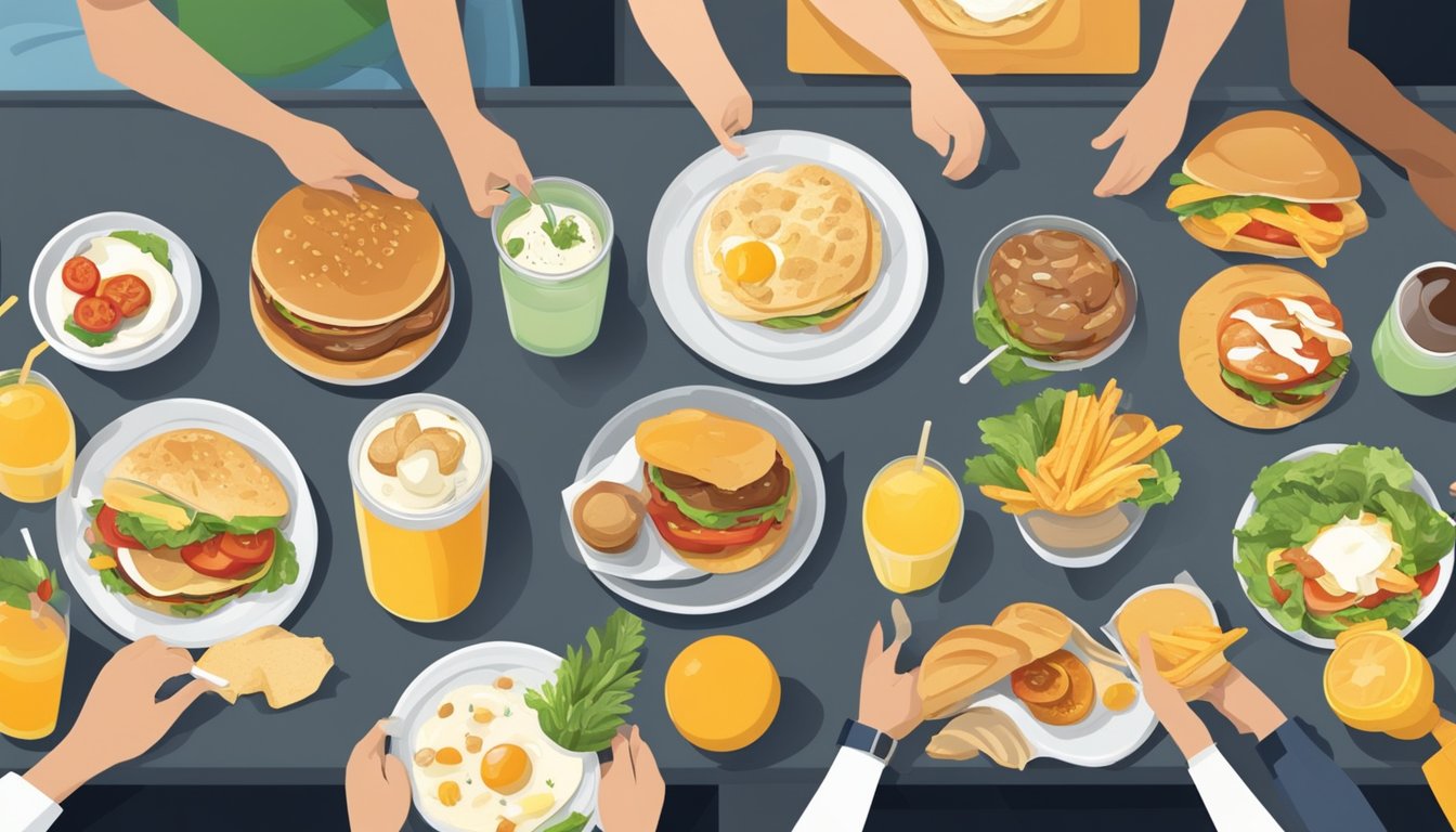 A breakfast table with a spread of fast food items and fresh, healthy options, with a nutritionist analyzing and comparing the two