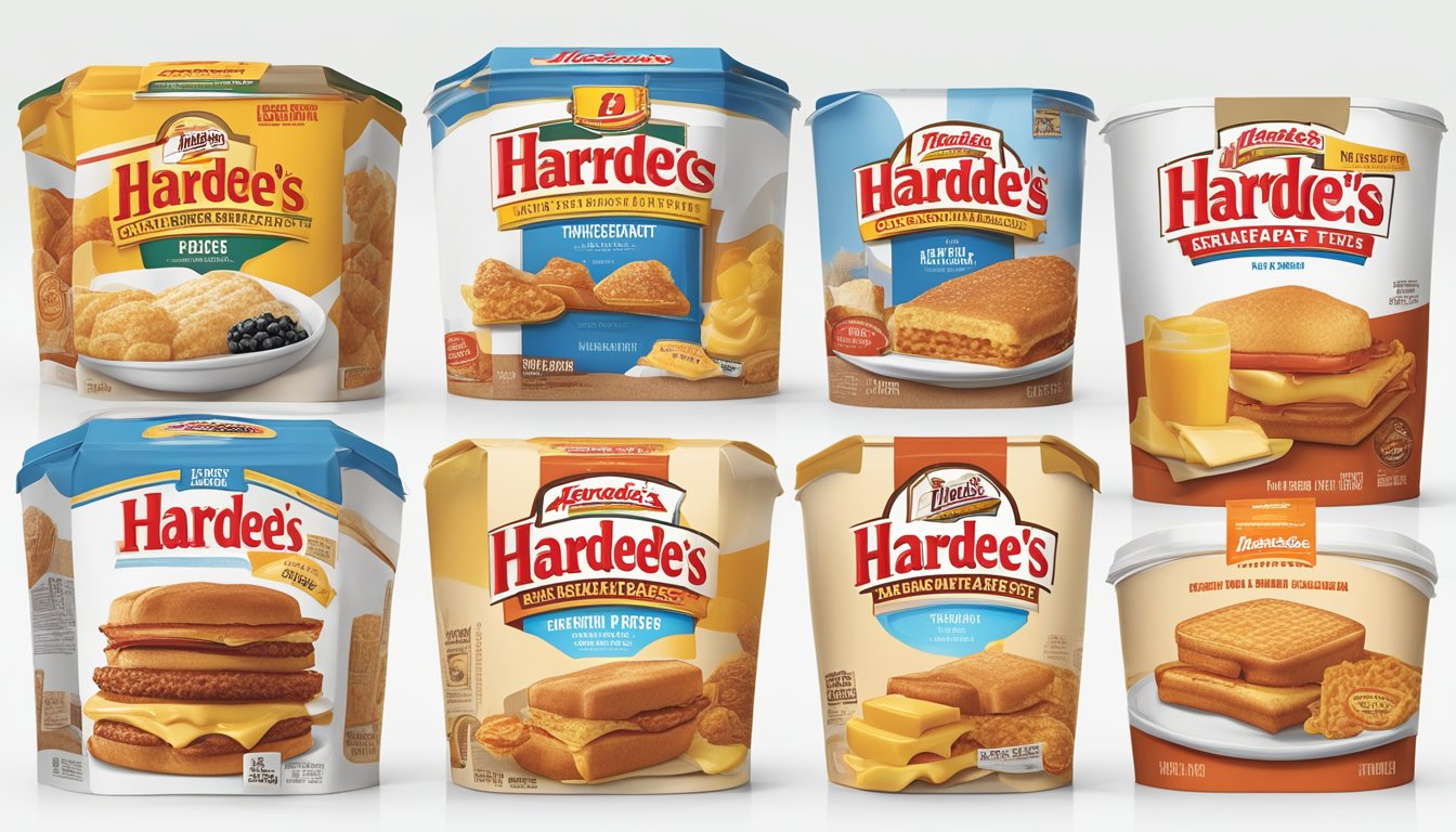 An array of Hardee's breakfast packaging through the years, from retro to modern, displayed on a clean, white background