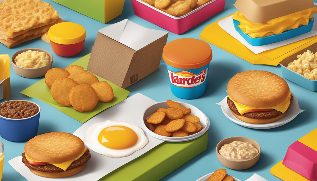 A modern Hardee's breakfast packaging design with bold colors and clean lines, featuring a variety of breakfast items such as biscuits, sandwiches, and hash browns