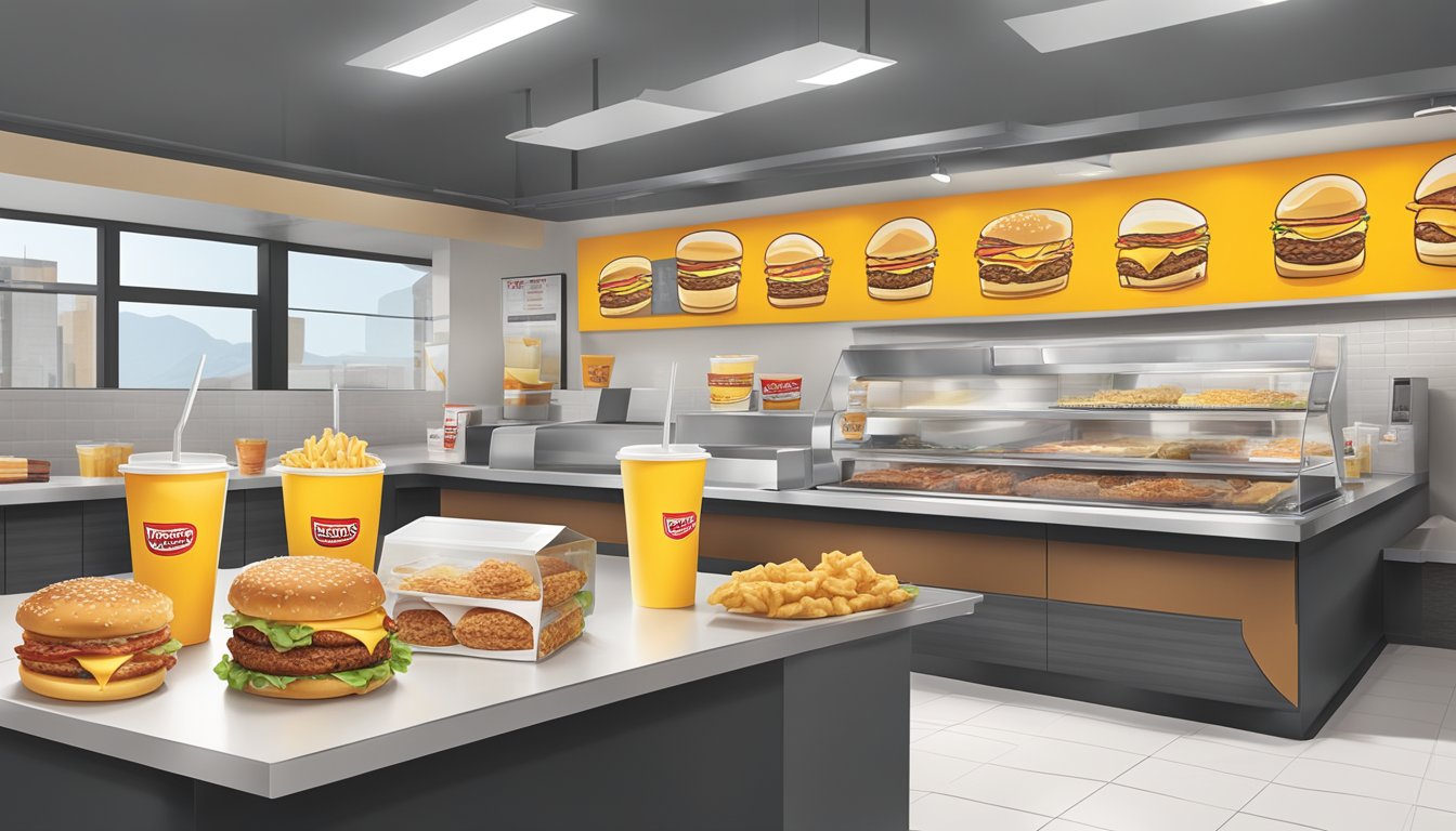 A busy fast-food restaurant with a display of Hardee's breakfast packaging evolution on a clean, modern counter