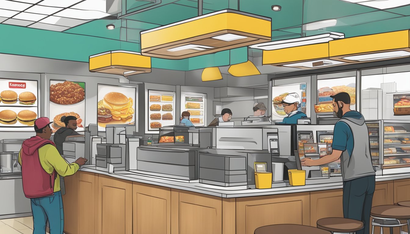 The scene shows a digital ordering kiosk at Hardee's with customers using touchscreens to select breakfast items. A staff member is seen preparing orders in the background