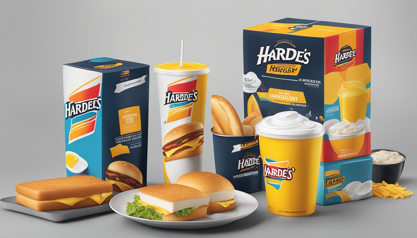 A modern, sleek breakfast packaging design for Hardee's featuring bold colors and clean lines, with a futuristic and dynamic aesthetic