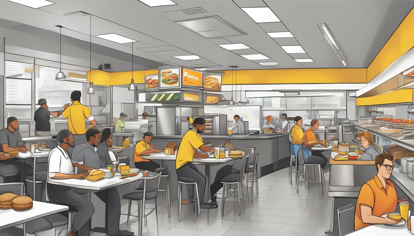 A bustling Hardee's breakfast service with employees using advanced technology to streamline collaboration and growth initiatives