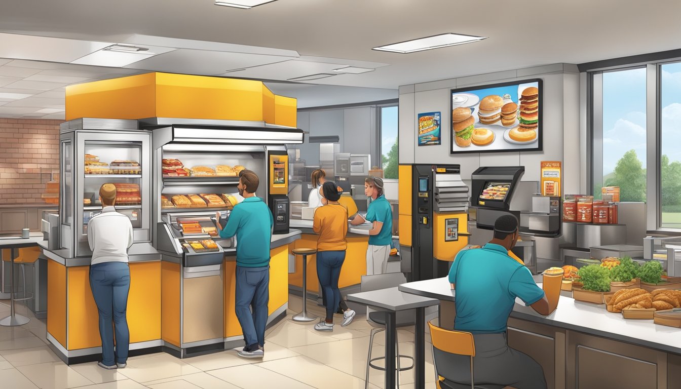 A modernized Hardee's breakfast service with customers using self-order kiosks and mobile payment, while staff efficiently prepare and deliver orders