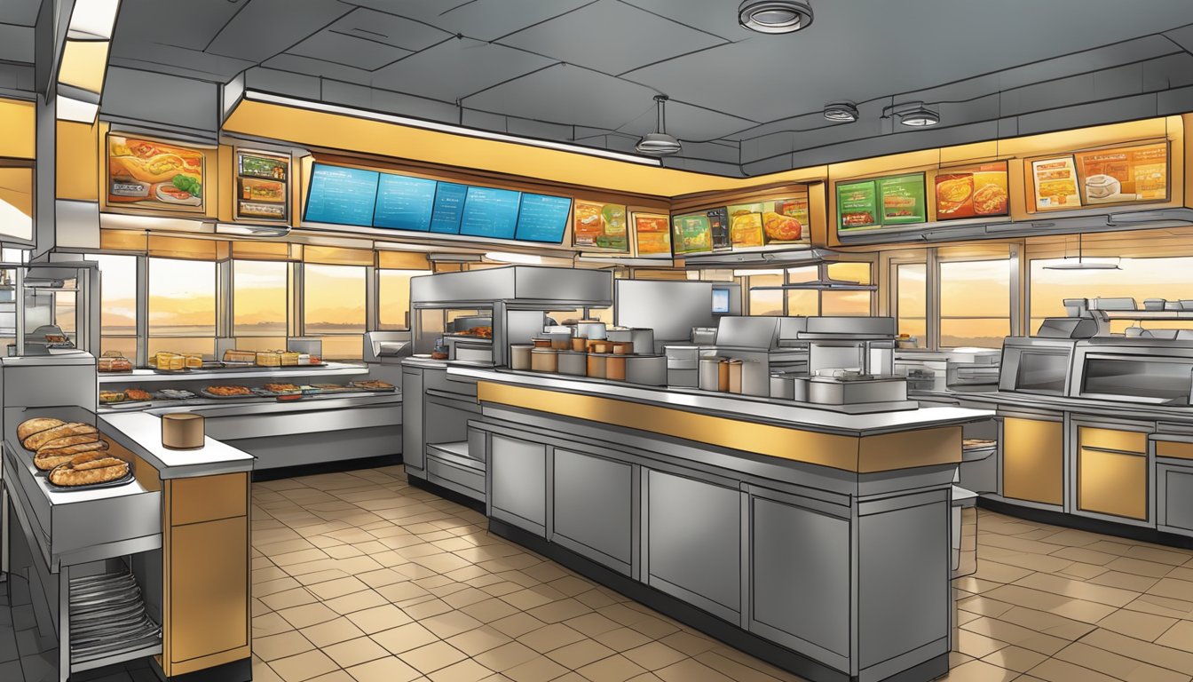 The sun rises over a bustling Hardee's restaurant, where advanced kitchen equipment and digital order screens streamline the breakfast service