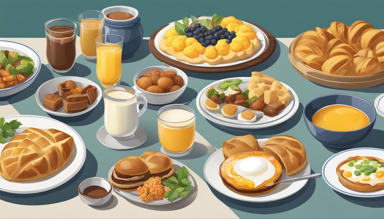 A table spread with a variety of breakfast items from different cultures, including pastries, eggs, and regional specialties