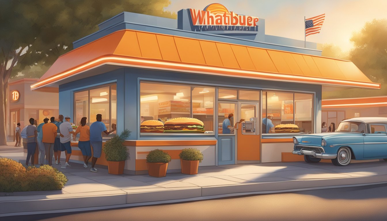 A bustling burger joint transforms into a breakfast hotspot, with customers lining up for the iconic Whataburger. Sunrise illuminates the restaurant's sign, as employees prepare for the day ahead