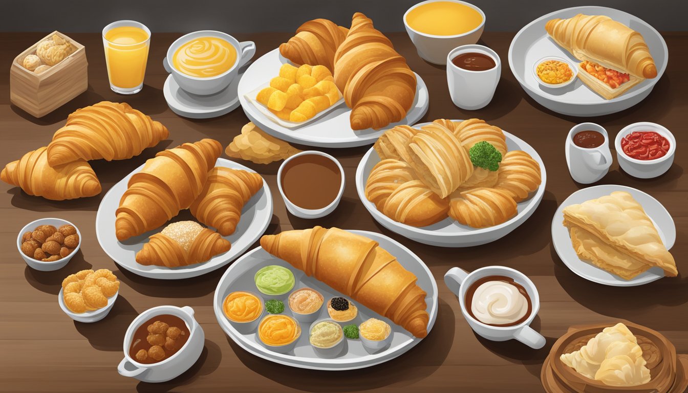 A table with various international breakfast items, including croissants, empanadas, and dim sum, displayed alongside Hardee's specialty items