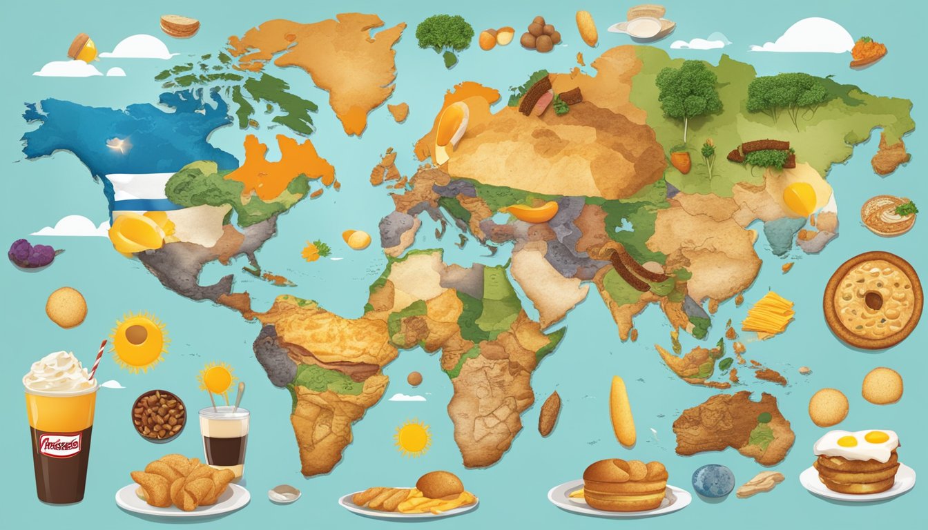 A global map with various breakfast items from different countries placed around it, representing the international adaptations of Hardee's breakfast menu