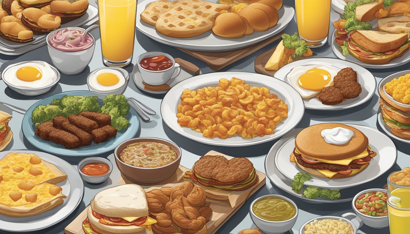 A table with a variety of international breakfast dishes from Hardee's, showcasing different cultural adaptations of the menu