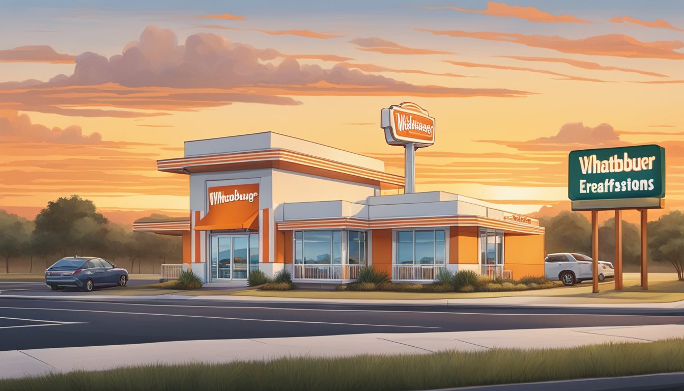 A sunrise over a Texas landscape with a Whataburger restaurant in the background, showcasing the iconic orange and white striped building and a breakfast menu displayed on the sign