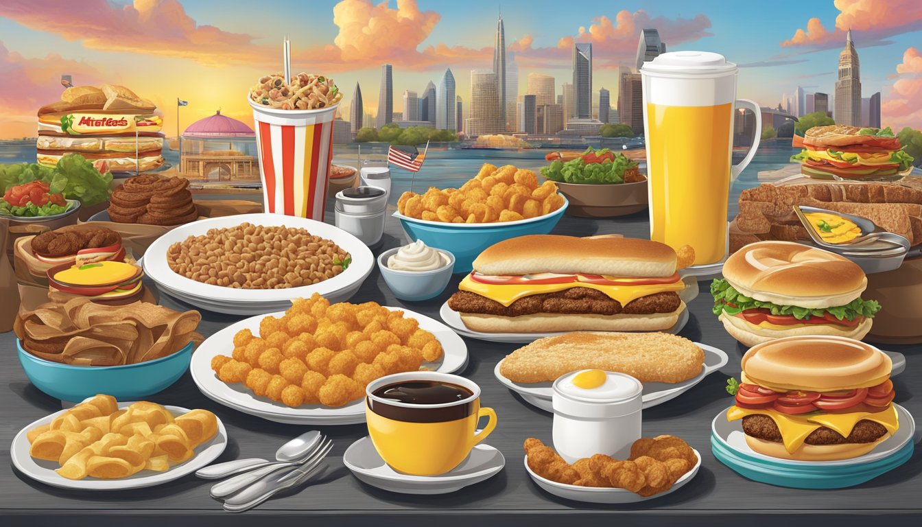 A colorful array of international breakfast dishes arranged around the iconic Hardee's logo, with cultural landmarks in the background