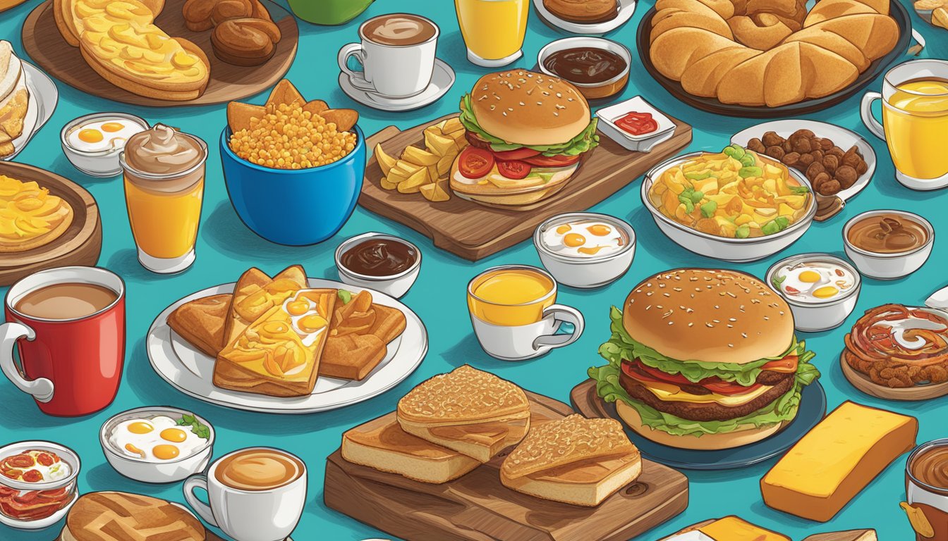 A colorful spread of international breakfast items surrounds the iconic Hardee's logo, representing diverse global adaptations