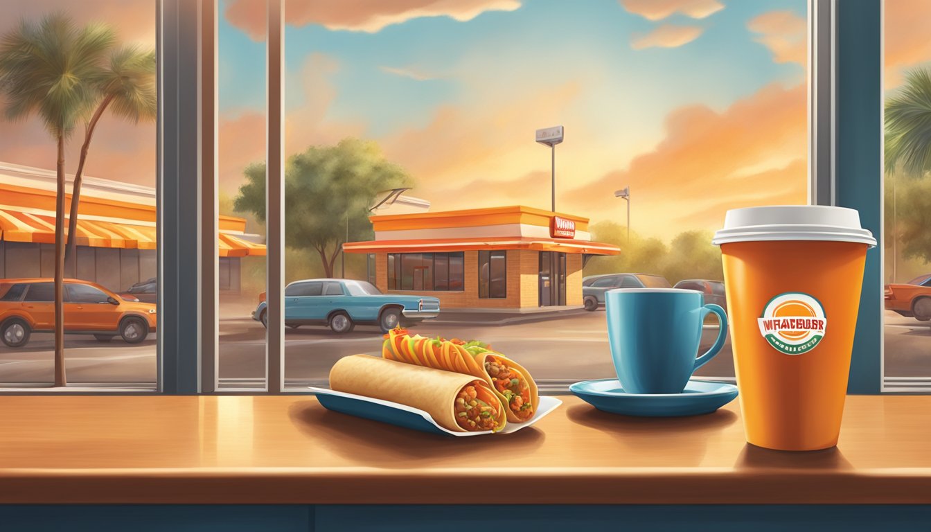 A colorful morning scene at a Whataburger restaurant, with a Tex-Mex breakfast taquito being served alongside a steaming cup of coffee