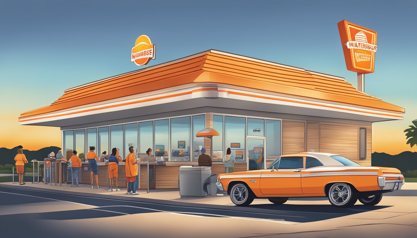 A sunrise over a Whataburger restaurant with a breakfast menu displayed and customers lined up at the drive-thru