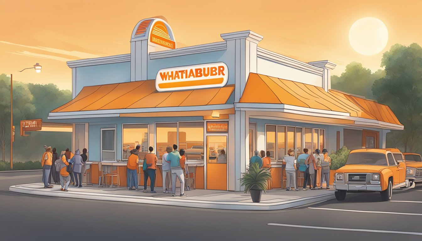 The sun rises over a Whataburger restaurant, with a sign displaying breakfast hours. A line of customers forms outside, eagerly waiting for the morning meal