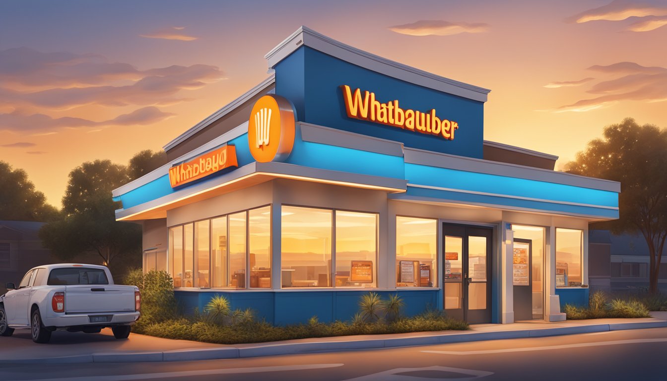 A sunrise over a Whataburger restaurant with a menu board displaying breakfast items and their nutritional information