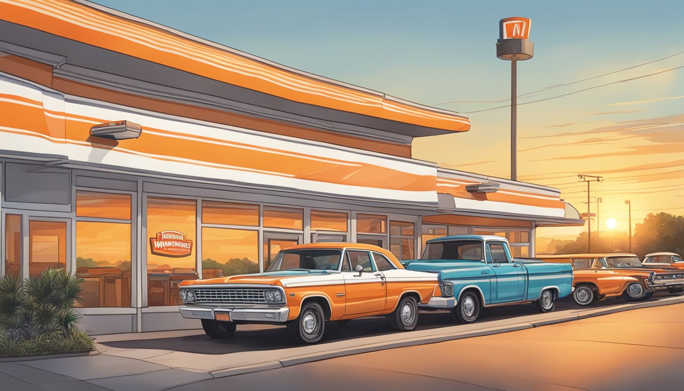 A Texan sunrise over a Whataburger restaurant, with the iconic orange and white striped building and a line of cars at the drive-thru