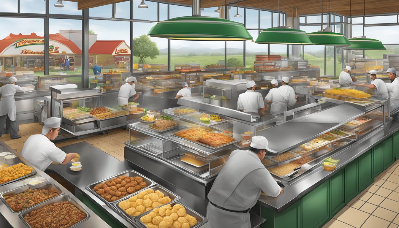 A bustling Hardee's restaurant with a variety of breakfast items being prepared and served, while the environmental impact is shown through images of farming and food production